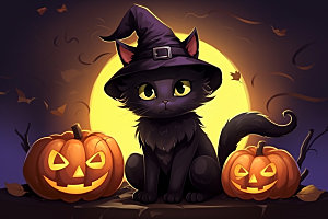 万圣节可爱女巫黑猫插画