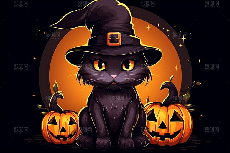 万圣节卡通可爱黑猫插画
