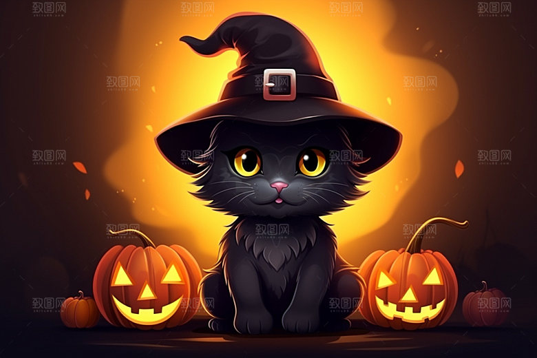 万圣节动物卡通黑猫插画