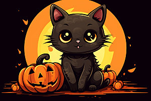万圣节拟人动物黑猫插画