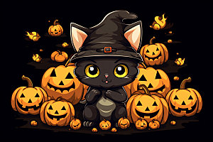 万圣节女巫拟人黑猫插画