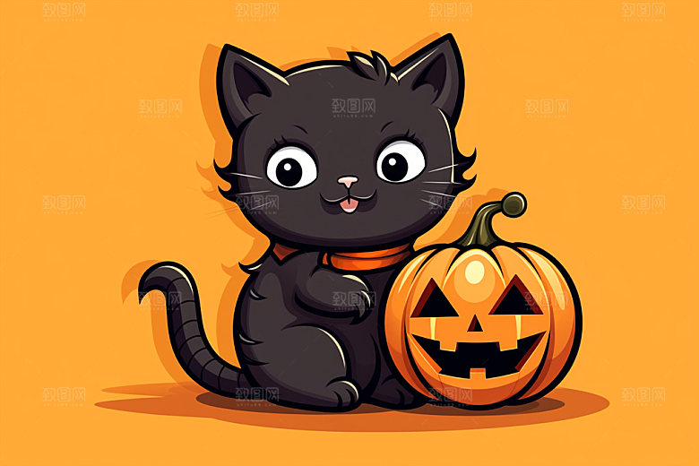 万圣节小恶魔女巫黑猫插画