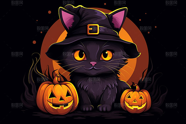 万圣节可爱小恶魔黑猫插画