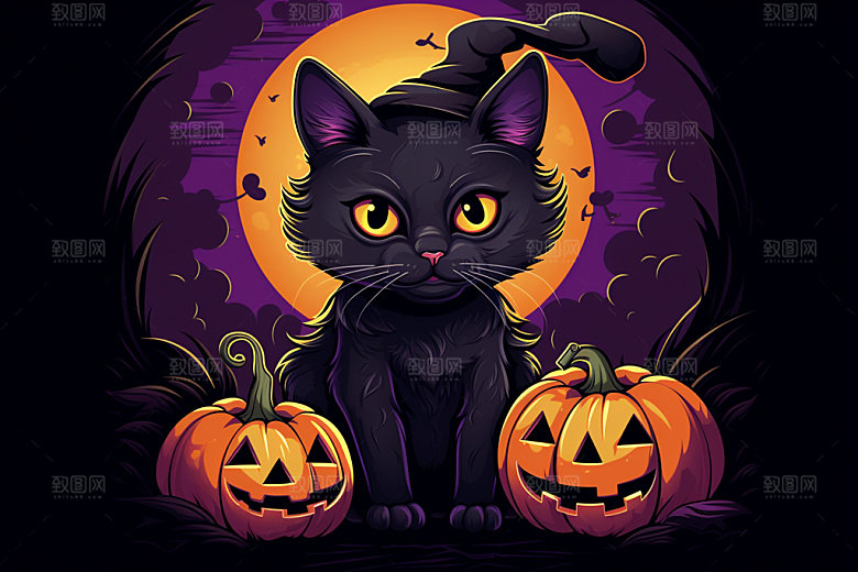 万圣节可爱动物黑猫插画