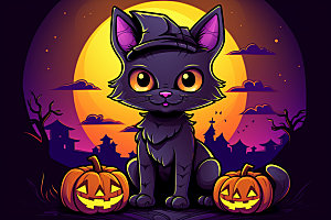 万圣节可爱女巫黑猫插画