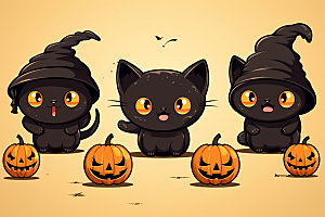 万圣节拟人猫咪黑猫插画