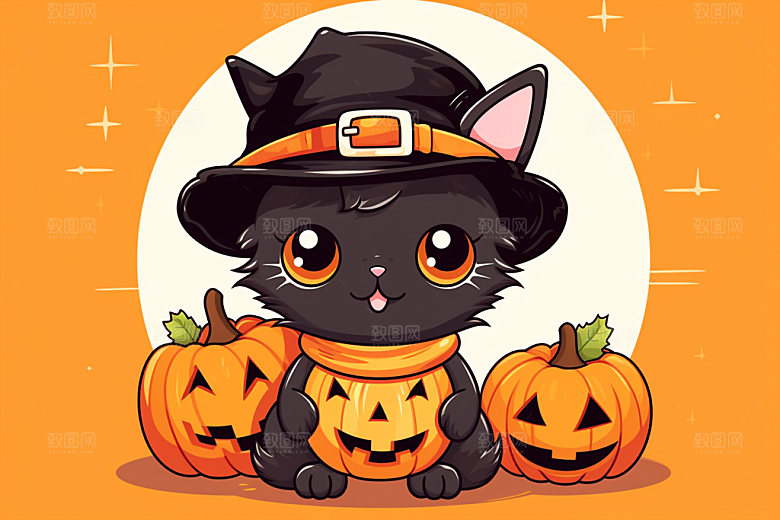 万圣节可爱卡通黑猫插画