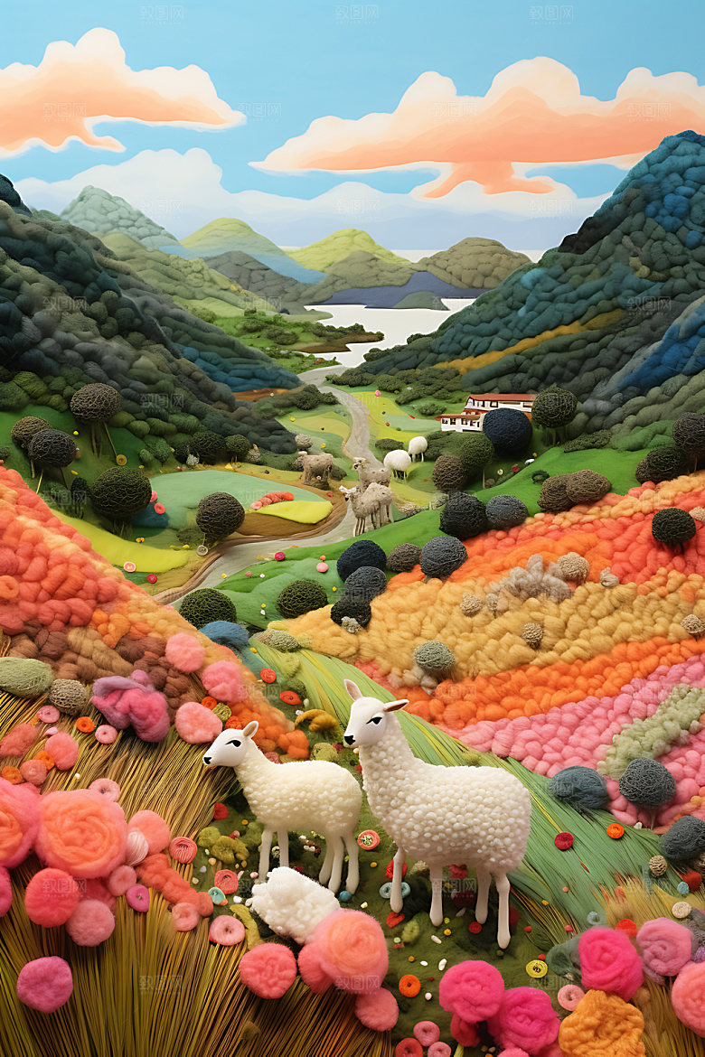 秋日风光山野立体毛毡画