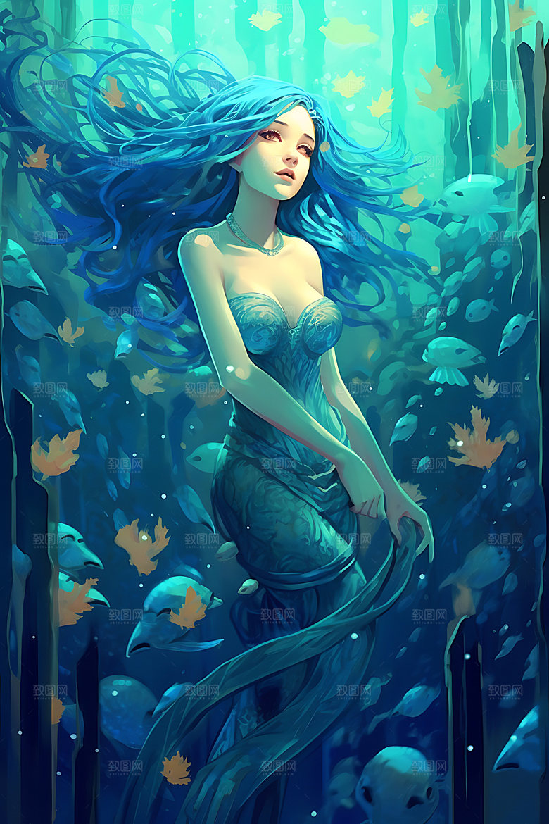 美人鱼手绘唯美插画
