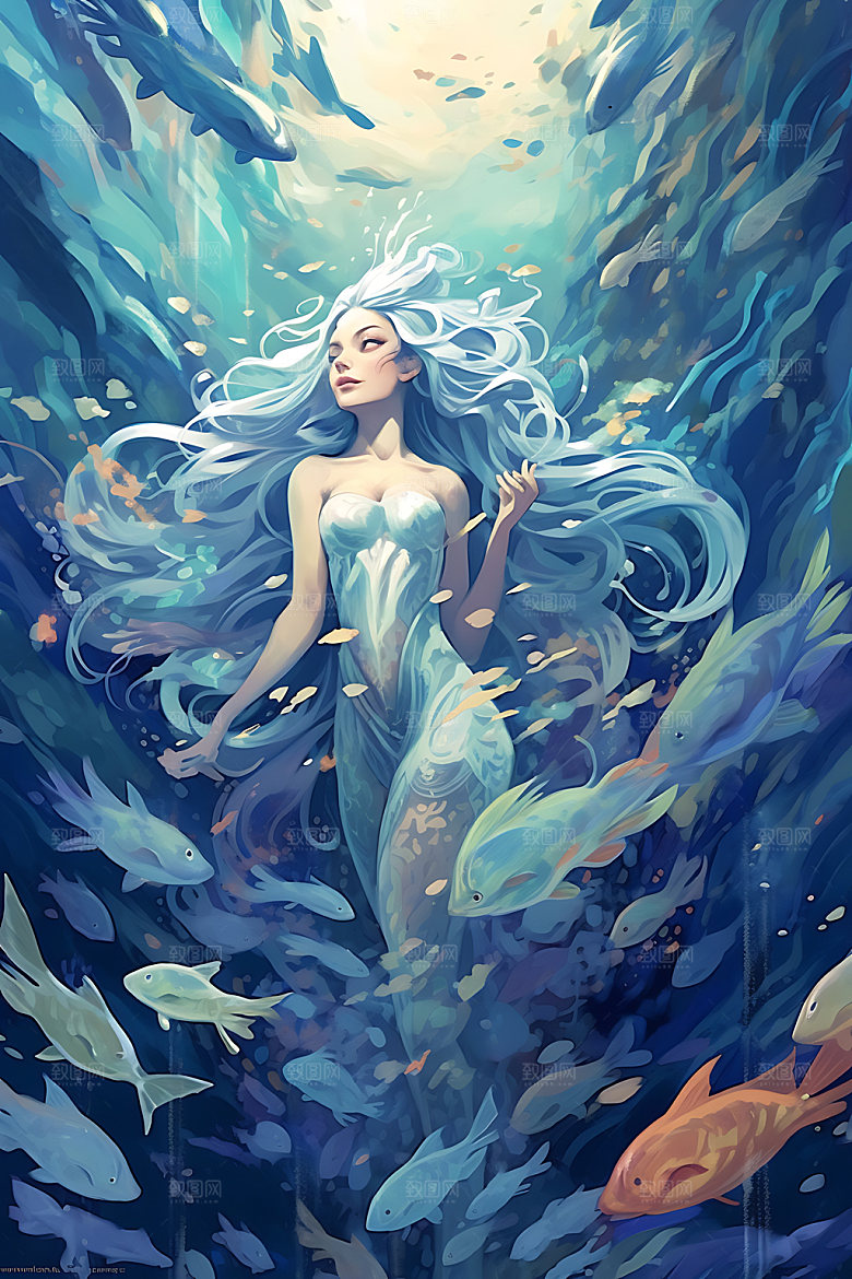 美人鱼手绘海底世界插画