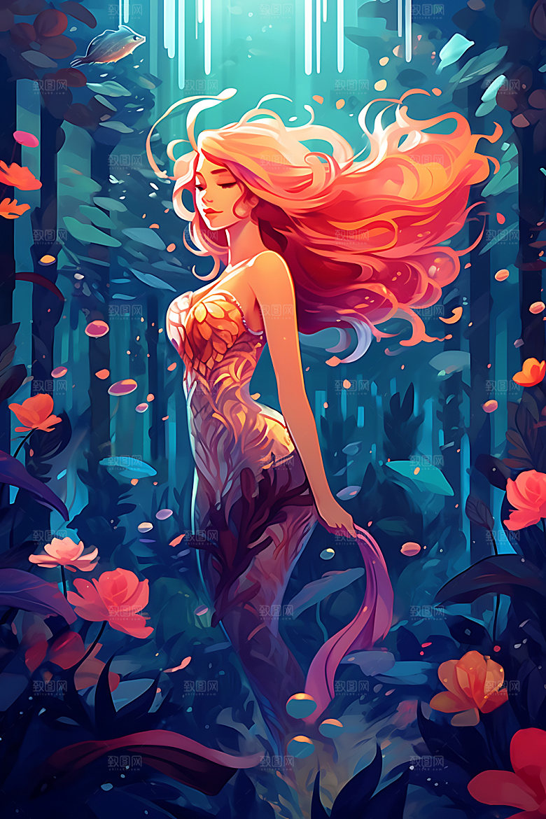 美人鱼少女海洋插画