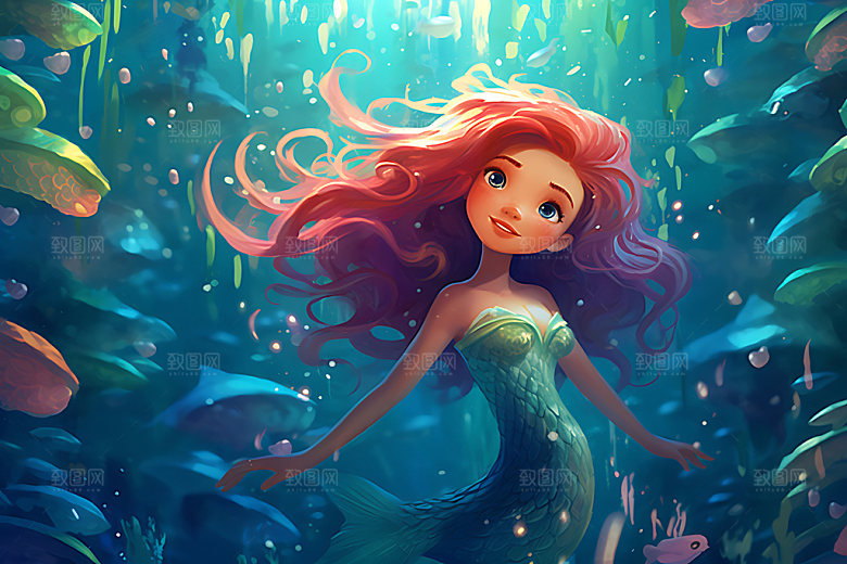 美人鱼手绘海底世界插画