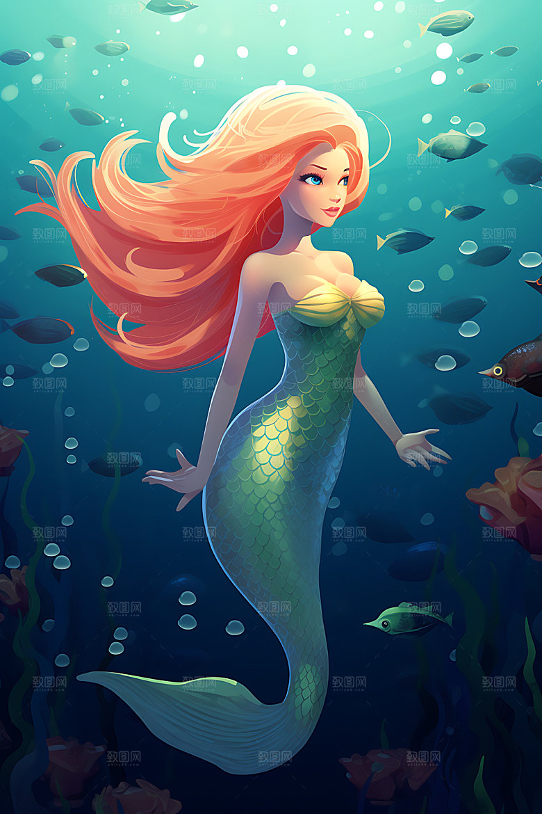 美人鱼海底世界海洋插画