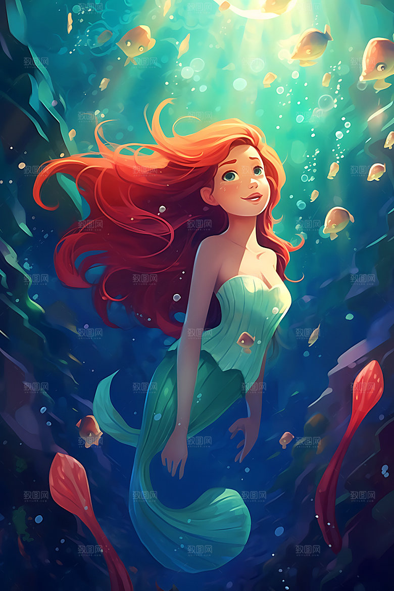 美人鱼海底世界手绘插画