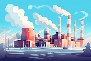 煤炭发电彩色工业园区扁平风插画