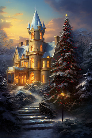 梦幻城堡场景背景雪中小镇矢量插画