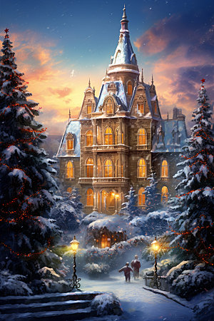 梦幻城堡场景背景下雪矢量插画