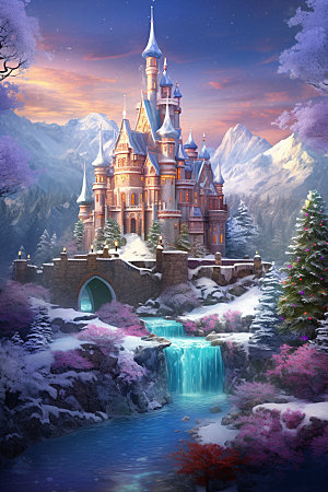 梦幻城堡下雪雪中小镇矢量插画