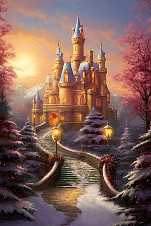梦幻城堡下雪雪景矢量插画