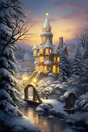 梦幻城堡节日氛围雪中小镇矢量插画