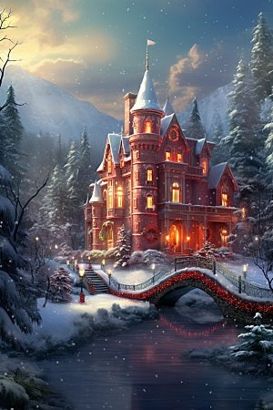 梦幻城堡节日氛围下雪矢量插画