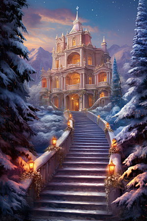 梦幻城堡下雪场景背景矢量插画