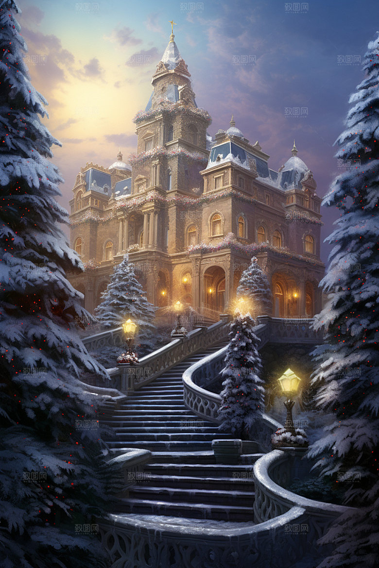梦幻城堡场景背景下雪矢量插画