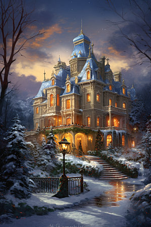 梦幻城堡灯火通明下雪矢量插画