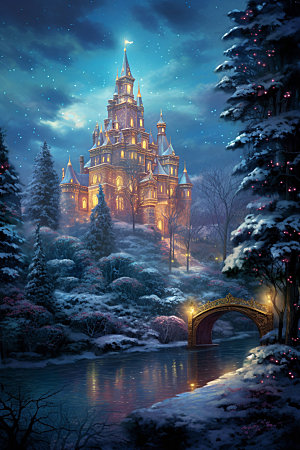 梦幻城堡圣诞雪景矢量插画