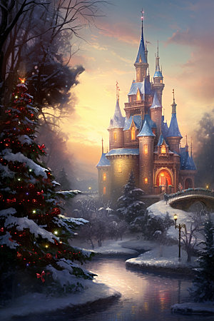梦幻城堡场景背景下雪矢量插画
