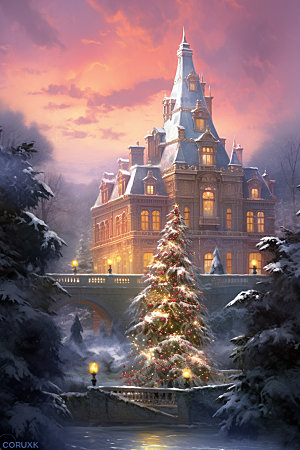 梦幻城堡圣诞下雪矢量插画