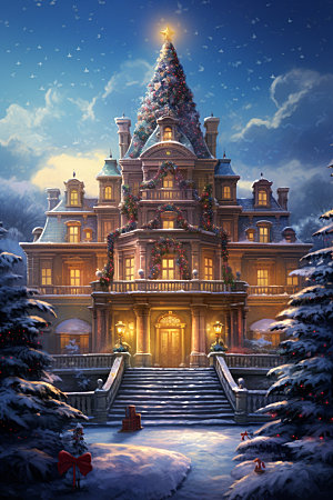 梦幻城堡下雪雪景矢量插画