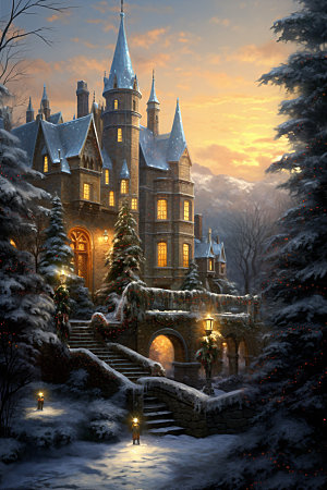 梦幻城堡下雪圣诞矢量插画