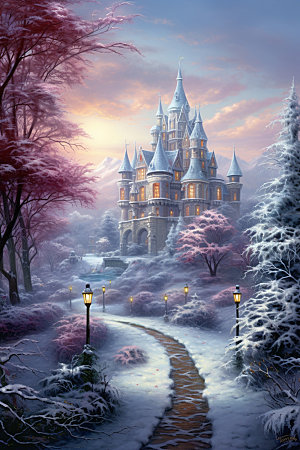 梦幻城堡温馨下雪矢量插画
