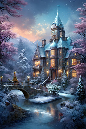 梦幻城堡雪中小镇圣诞矢量插画