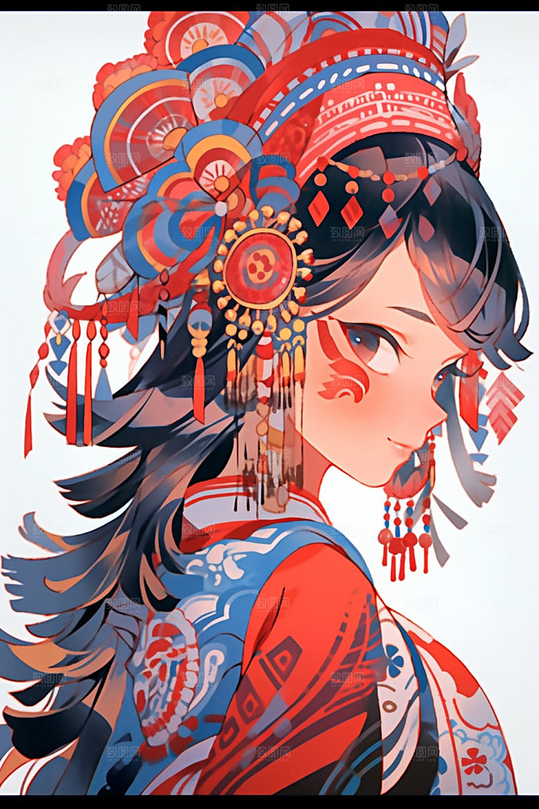 少数民族女孩唯美传统风格插画