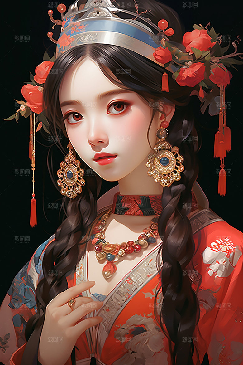 少数民族女孩美丽传统风格插画