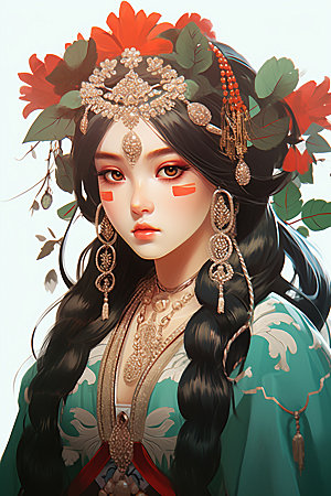 少数民族女孩中国风传统风格插画