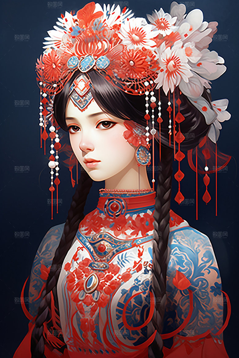 少数民族女孩肖像人物插画