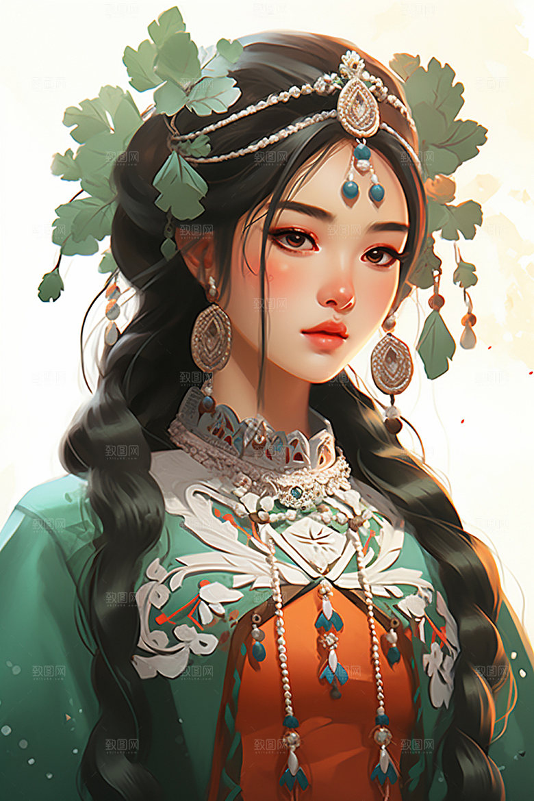 少数民族女孩肖像中国风插画