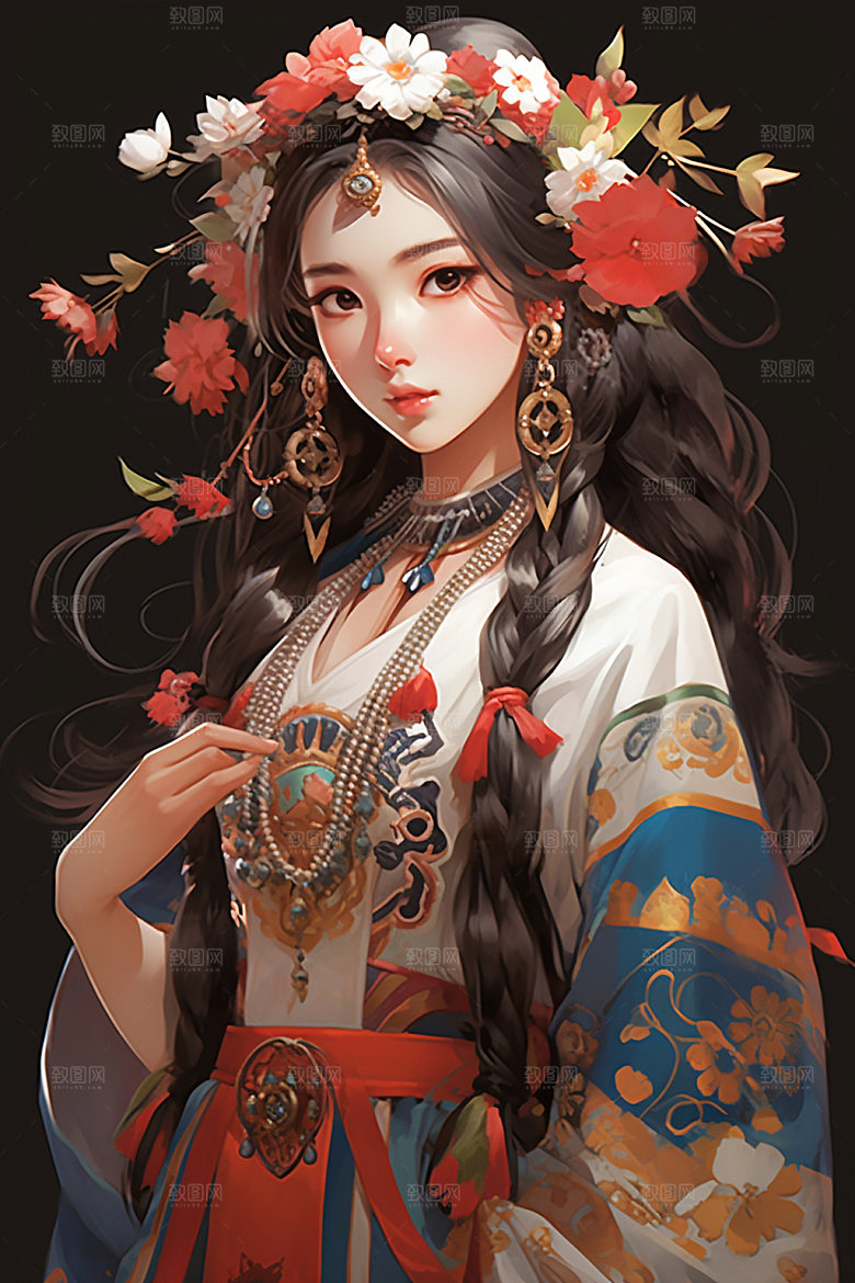 少数民族女孩肖像人物插画