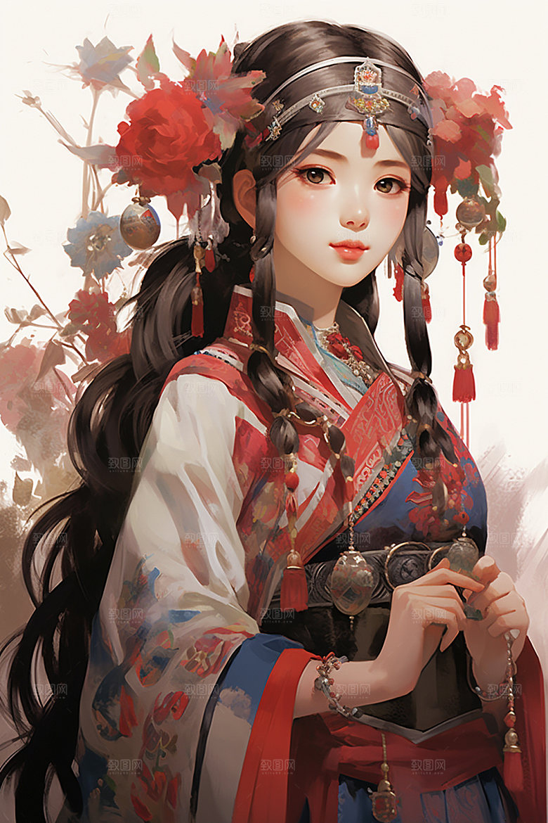 少数民族女孩肖像细腻插画