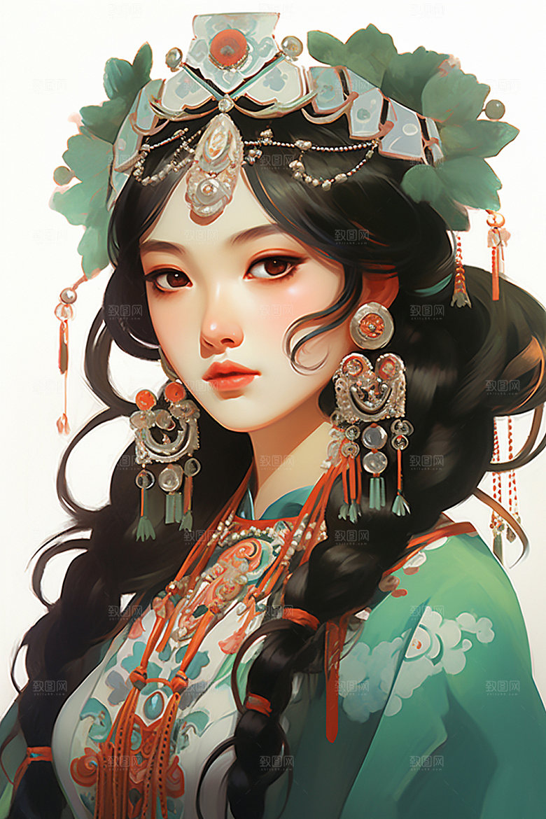 少数民族女孩唯美传统风格插画