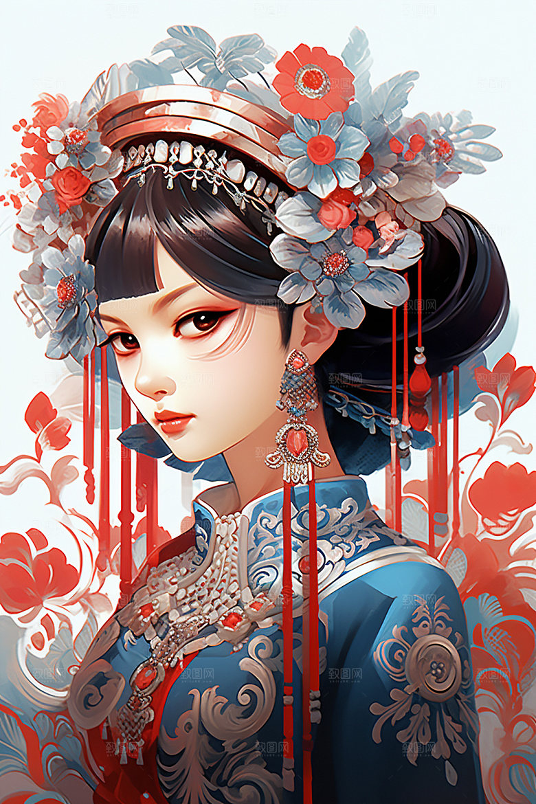 少数民族女孩肖像唯美插画