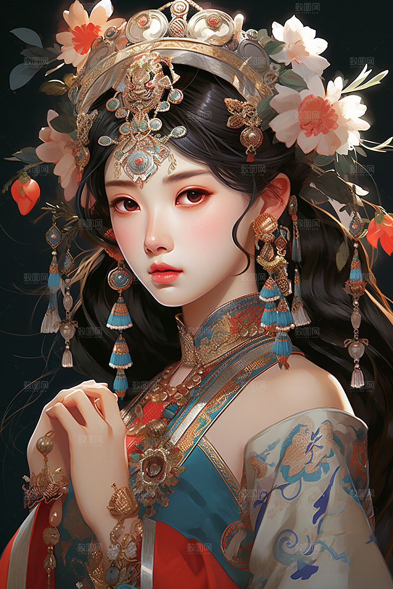 少数民族女孩中国风细腻插画