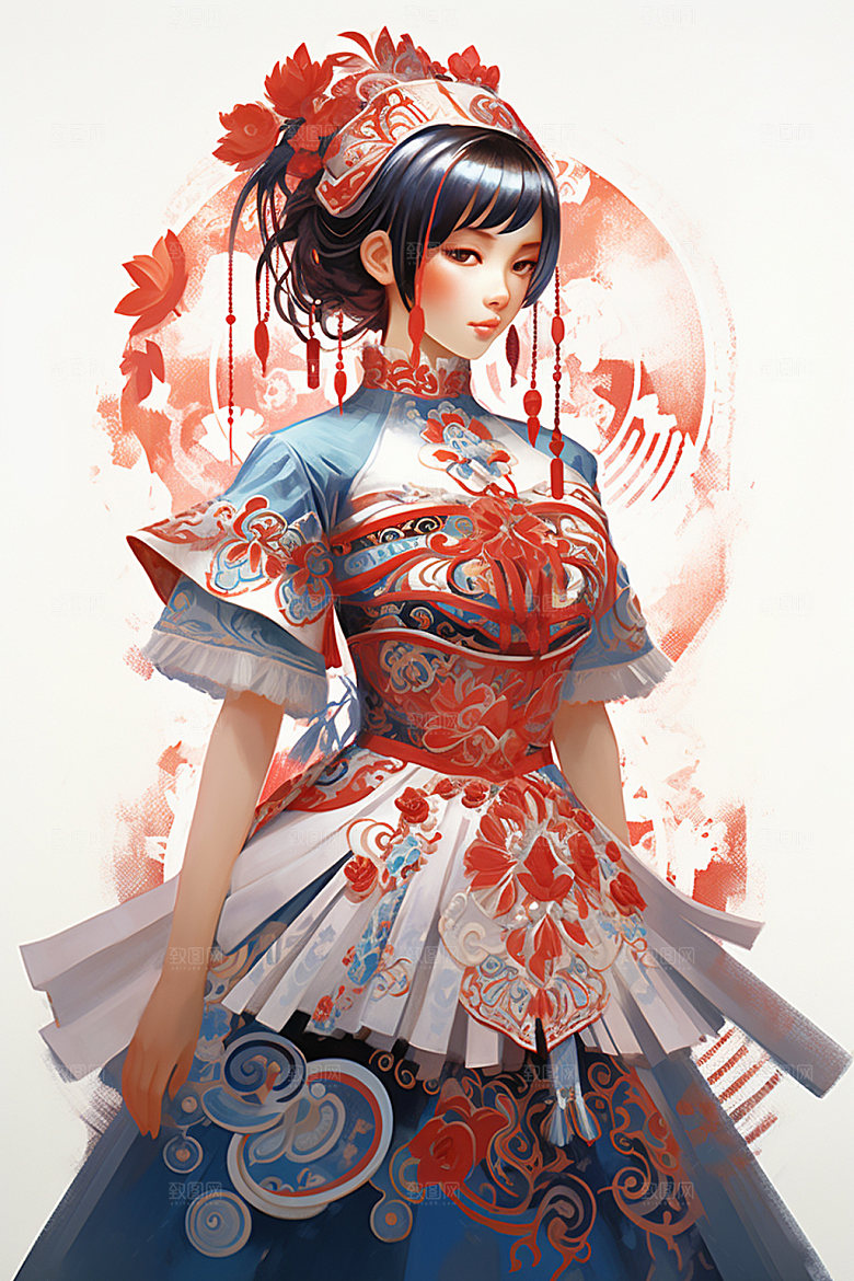 少数民族女孩中国风唯美插画