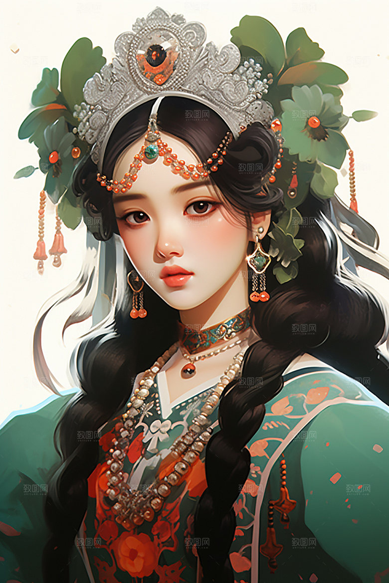少数民族女孩肖像唯美插画