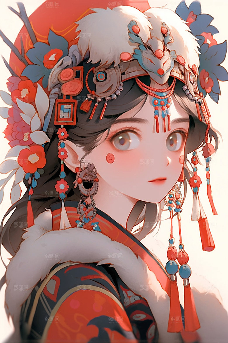少数民族女孩传统风格唯美插画