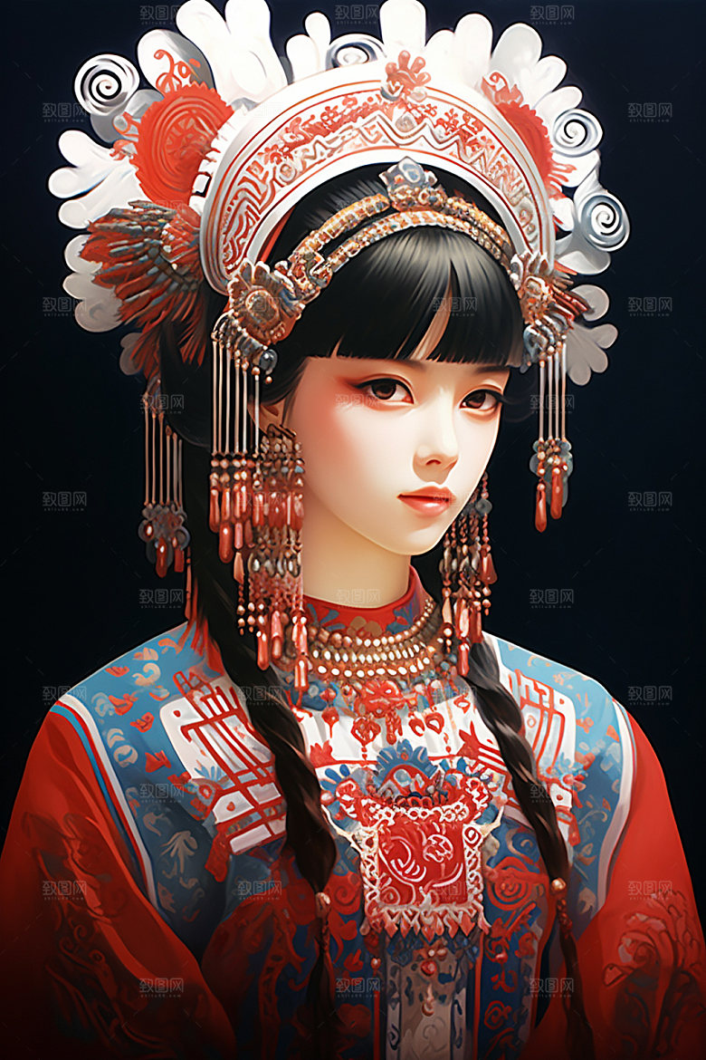 少数民族女孩人物肖像插画