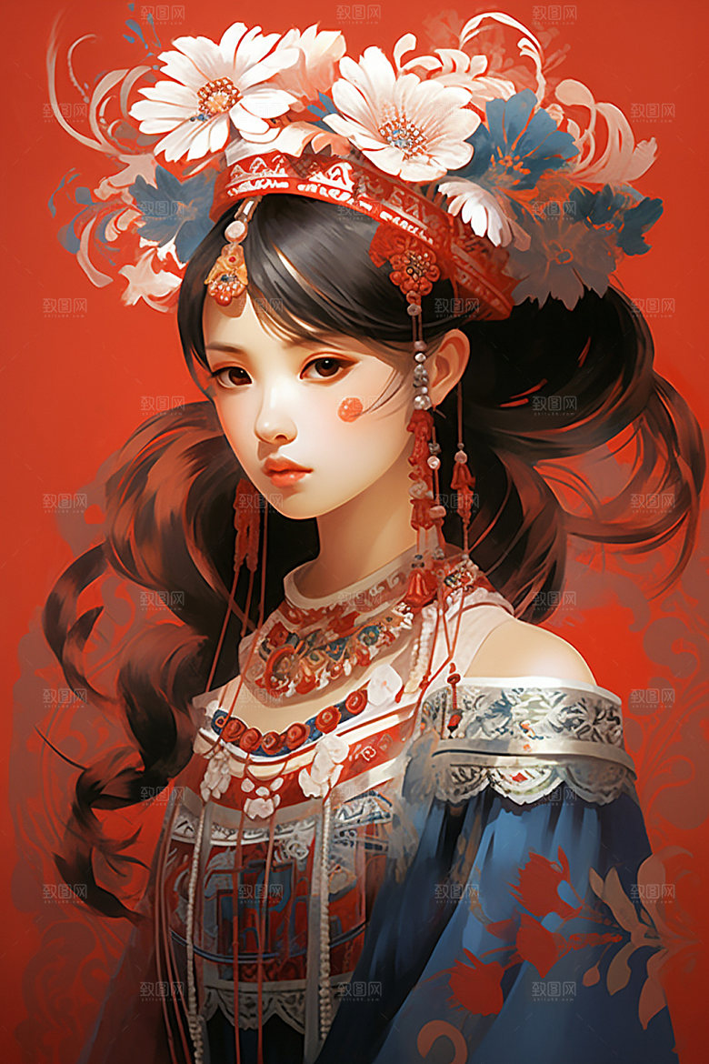 少数民族女孩传统风格艺术插画